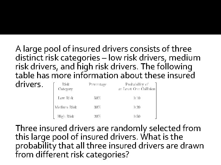 A large pool of insured drivers consists of three distinct risk categories – low
