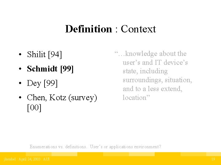 Definition : Context • Shilit [94] • Schmidt [99] • Dey [99] • Chen,