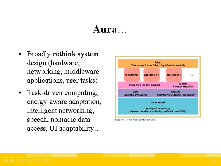 Aura… • Broadly rethink system design (hardware, networking, middleware applications, user tasks) • Task-driven