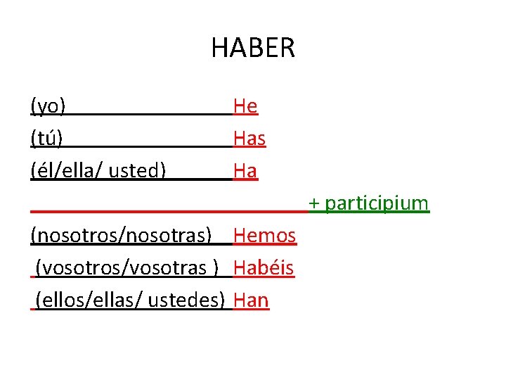 HABER (yo) (tú) (él/ella/ usted) He Has Ha + participium (nosotros/nosotras) Hemos (vosotros/vosotras )