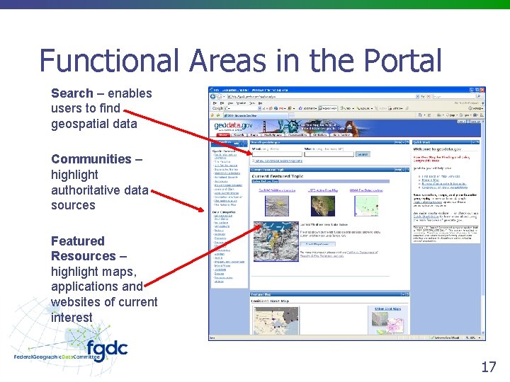 Functional Areas in the Portal Search – enables users to find geospatial data Communities