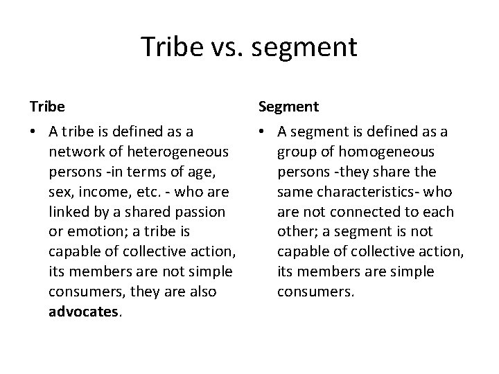 Tribe vs. segment Tribe Segment • A tribe is defined as a network of