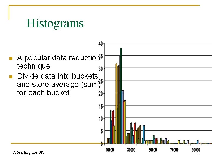 Histograms n n A popular data reduction technique Divide data into buckets and store