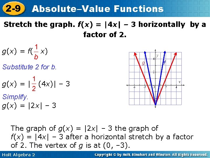 2 -9 Absolute–Value Functions Stretch the graph. f(x) = |4 x| – 3 horizontally