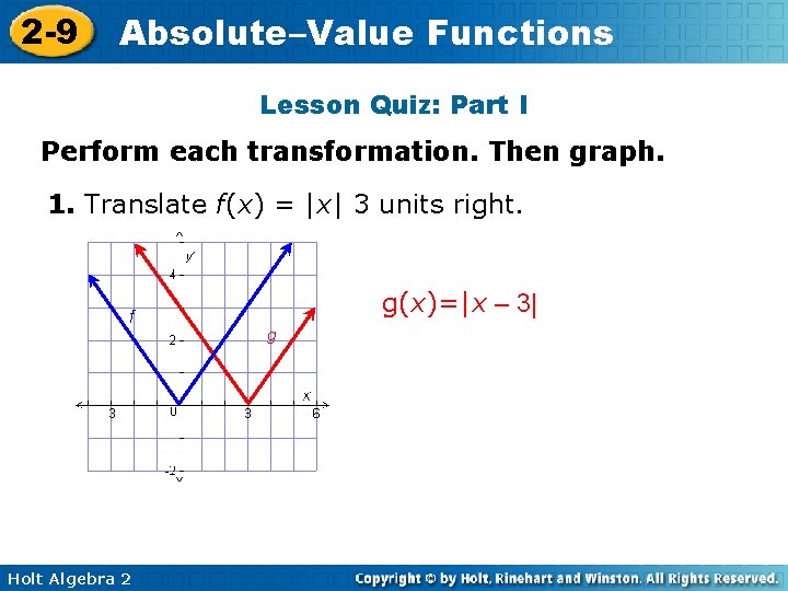 2 -9 Absolute–Value Functions Lesson Quiz: Part I Perform each transformation. Then graph. 1.