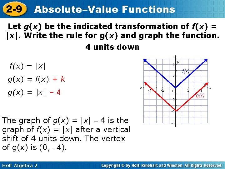 2 -9 Absolute–Value Functions Let g(x) be the indicated transformation of f(x) = |x|.
