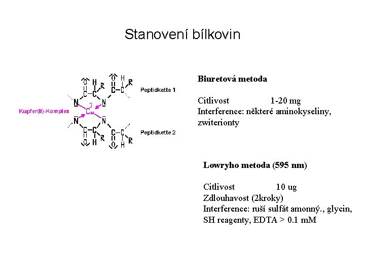 Stanovení bílkovin Biuretová metoda Citlivost 1 -20 mg Interference: některé aminokyseliny, zwiterionty Lowryho metoda