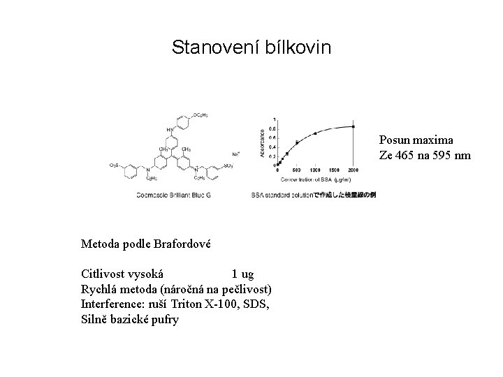 Stanovení bílkovin Posun maxima Ze 465 na 595 nm Metoda podle Brafordové Citlivost vysoká