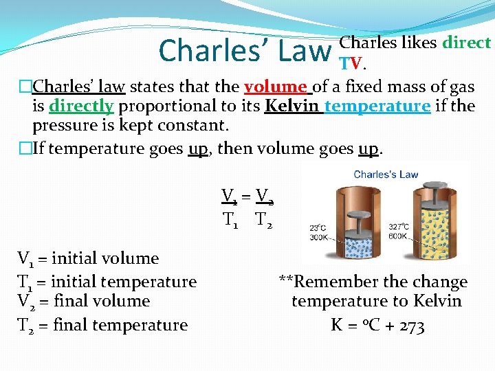 Charles’ Law Charles likes direct TV. �Charles’ law states that the volume of a