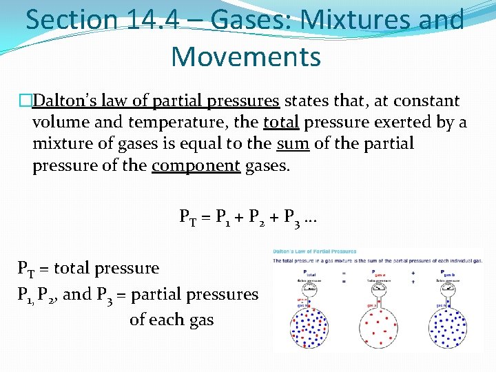 Section 14. 4 – Gases: Mixtures and Movements �Dalton’s law of partial pressures states
