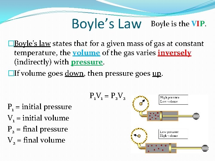 Boyle’s Law Boyle is the VIP. �Boyle’s law states that for a given mass