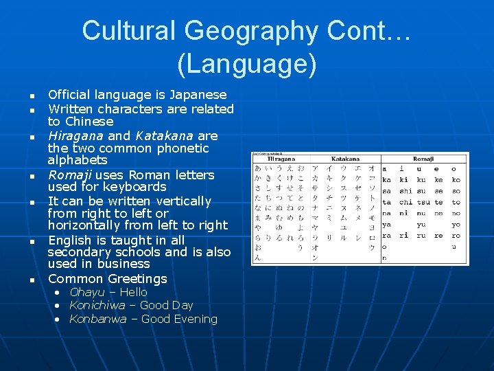 Cultural Geography Cont… (Language) n n n n Official language is Japanese Written characters