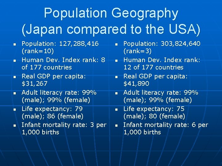 Population Geography (Japan compared to the USA) n n n Population: 127, 288, 416