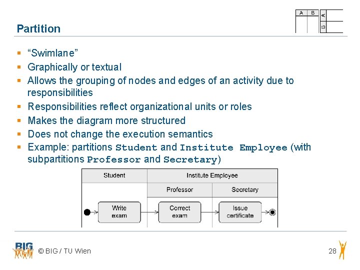 Partition § “Swimlane” § Graphically or textual § Allows the grouping of nodes and