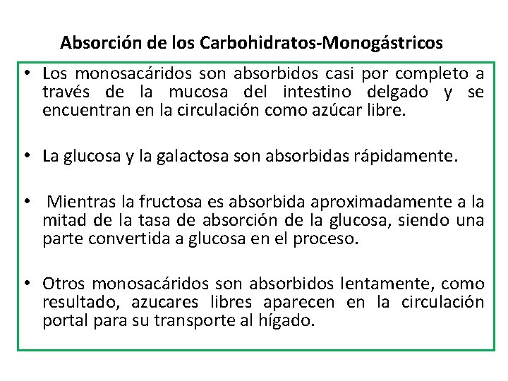 Absorción de los Carbohidratos-Monogástricos • Los monosacáridos son absorbidos casi por completo a través