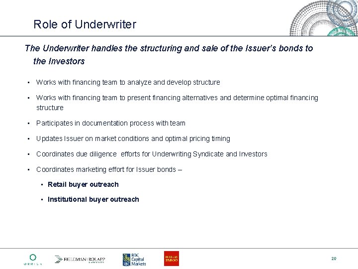 Role of Underwriter The Underwriter handles the structuring and sale of the Issuer’s bonds