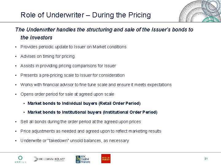 Role of Underwriter – During the Pricing The Underwriter handles the structuring and sale