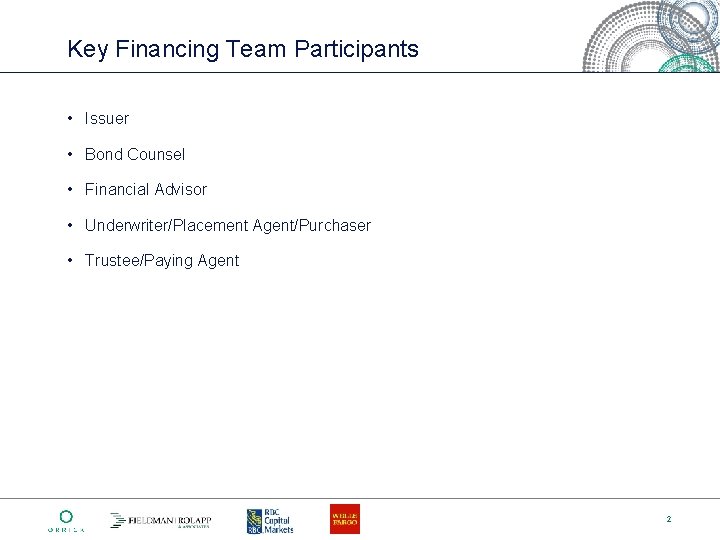 Key Financing Team Participants • Issuer • Bond Counsel • Financial Advisor • Underwriter/Placement