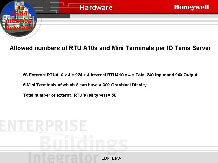 TEMA Intrusion Detection Hardware Allowed numbers of RTU A 10 s and Mini Terminals