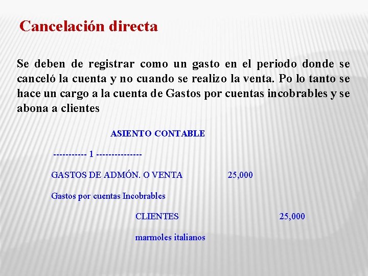 Cancelación directa Se deben de registrar como un gasto en el periodo donde se