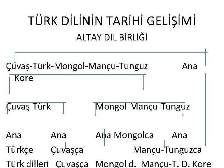 TÜRK DİLİNİN TARİHİ GELİŞİMİ ALTAY DİL BİRLİĞİ Çuvaş-Türk-Mongol-Mançu-Tunguz Kore Çuvaş-Türk Ana Mongol-Mançu-Tunguz Ana Ana