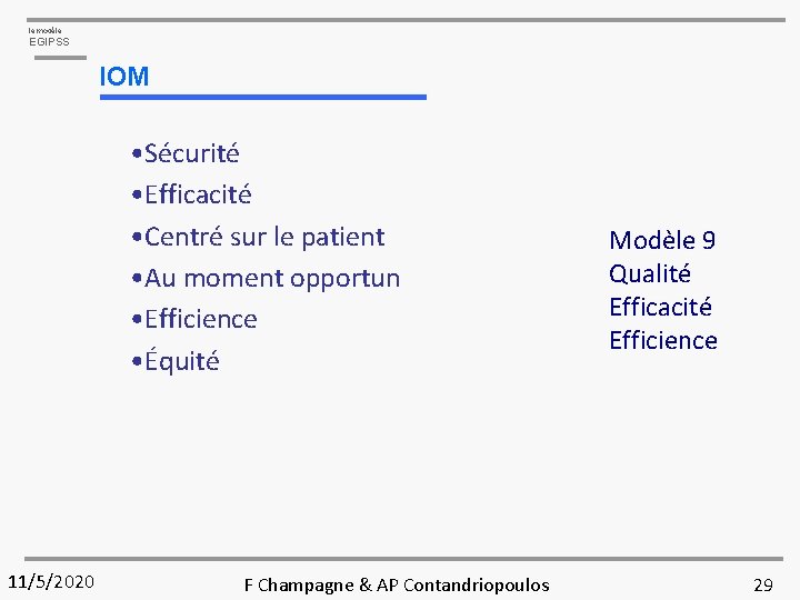 le modèle EGIPSS IOM • Sécurité • Efficacité • Centré sur le patient •