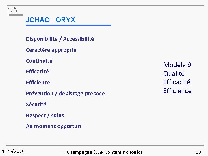 le modèle EGIPSS JCHAO ORYX Disponibilité / Accessibilité Caractère approprié Continuité Efficacité Efficience Prévention
