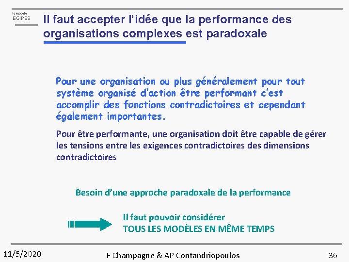 le modèle EGIPSS Il faut accepter l’idée que la performance des organisations complexes est