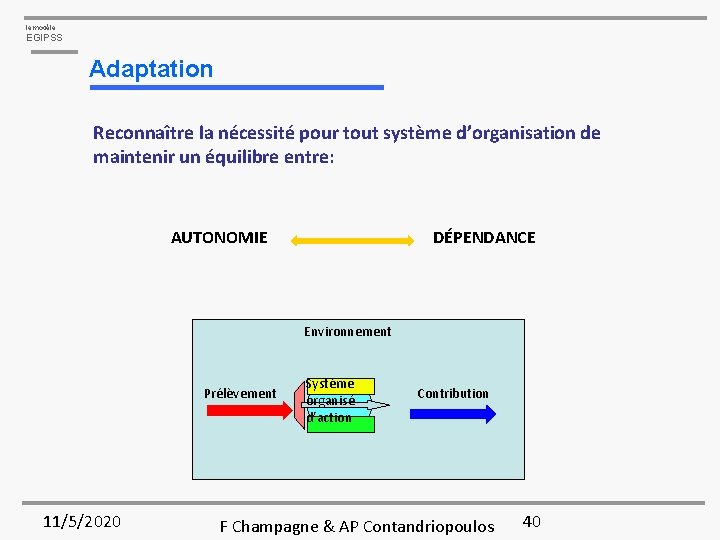 le modèle EGIPSS Adaptation Reconnaître la nécessité pour tout système d’organisation de maintenir un