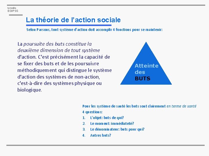 le modèle EGIPSS La théorie de l’action sociale Selon Parsons, tout système d’action doit