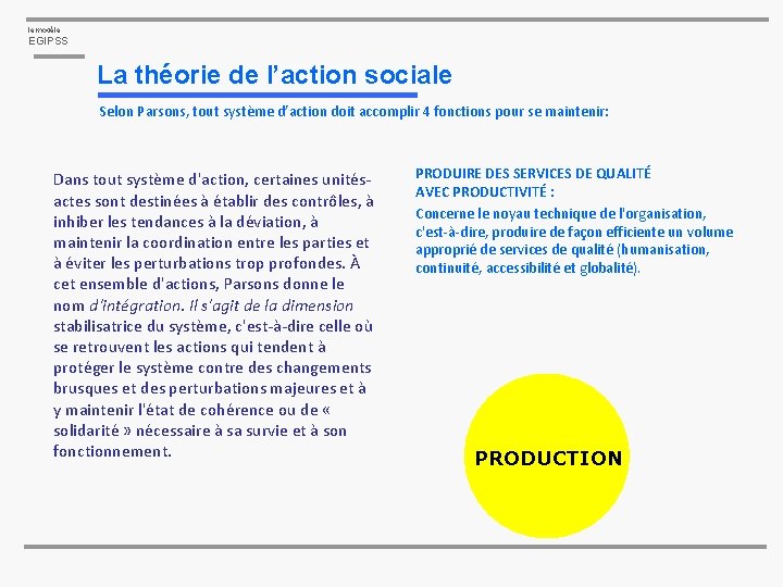 le modèle EGIPSS La théorie de l’action sociale Selon Parsons, tout système d’action doit