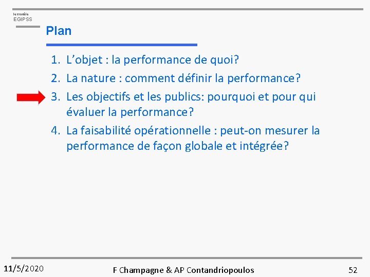 le modèle EGIPSS Plan 1. L’objet : la performance de quoi? 2. La nature