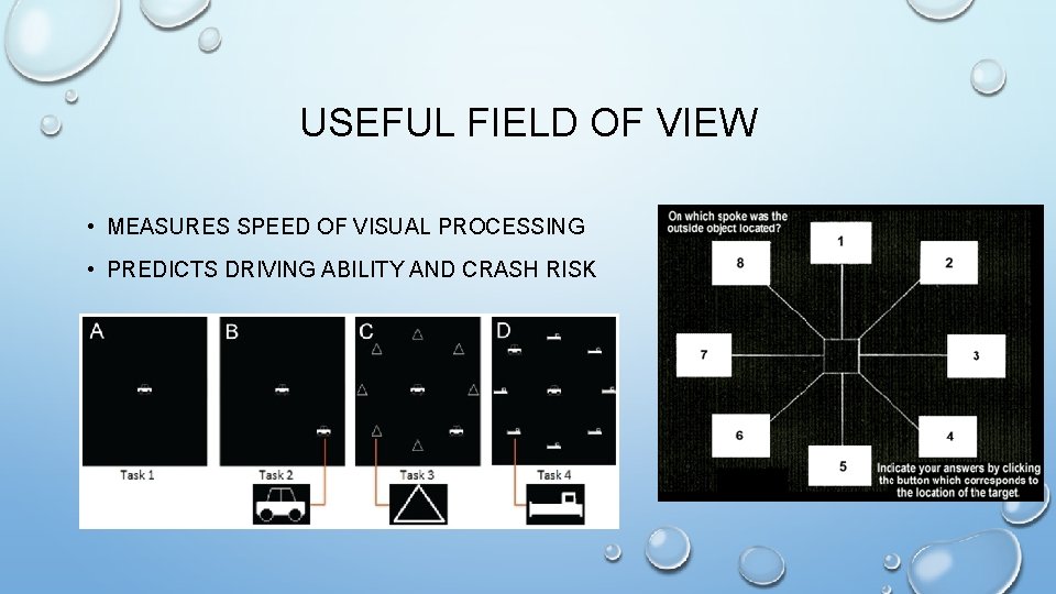 USEFUL FIELD OF VIEW • MEASURES SPEED OF VISUAL PROCESSING • PREDICTS DRIVING ABILITY USEFUL FIELD OF VIEW • MEASURES SPEED OF VISUAL PROCESSING • PREDICTS DRIVING ABILITY