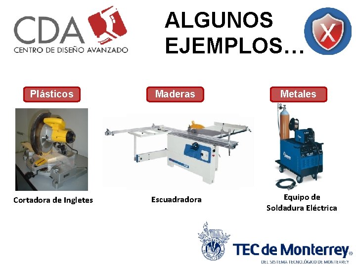 ALGUNOS EJEMPLOS… Plásticos Maderas Cortadora de Ingletes Escuadradora Metales Equipo de Soldadura Eléctrica 