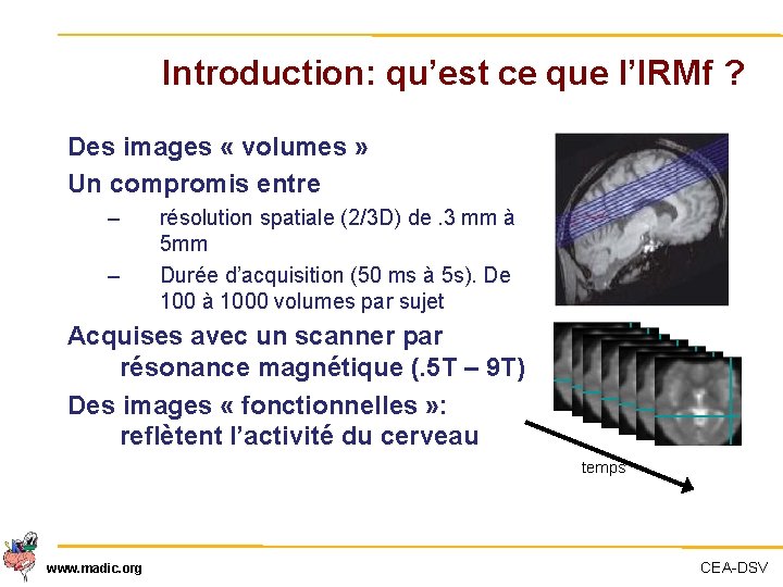 Introduction: qu’est ce que l’IRMf ? Des images « volumes » Un compromis entre