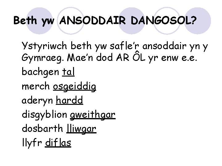 Beth yw ANSODDAIR DANGOSOL? Ystyriwch beth yw safle’r ansoddair yn y Gymraeg. Mae’n dod