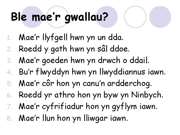 Ble mae’r gwallau? 1. 2. 3. 4. 5. 6. 7. 8. Mae’r llyfgell hwn