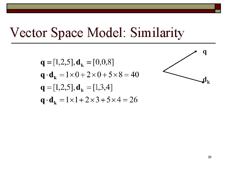 Vector Space Model: Similarity q dk 20 