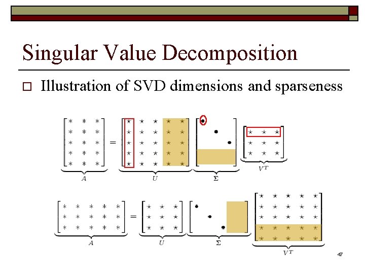 Singular Value Decomposition o Illustration of SVD dimensions and sparseness 47 