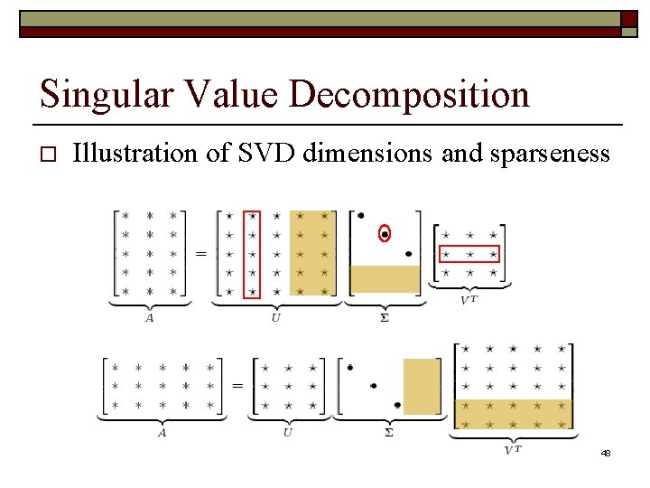 Singular Value Decomposition o Illustration of SVD dimensions and sparseness 48 