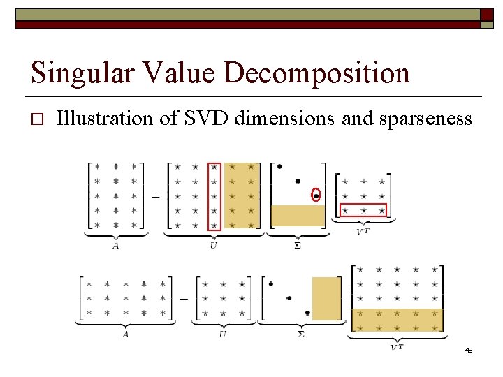 Singular Value Decomposition o Illustration of SVD dimensions and sparseness 49 