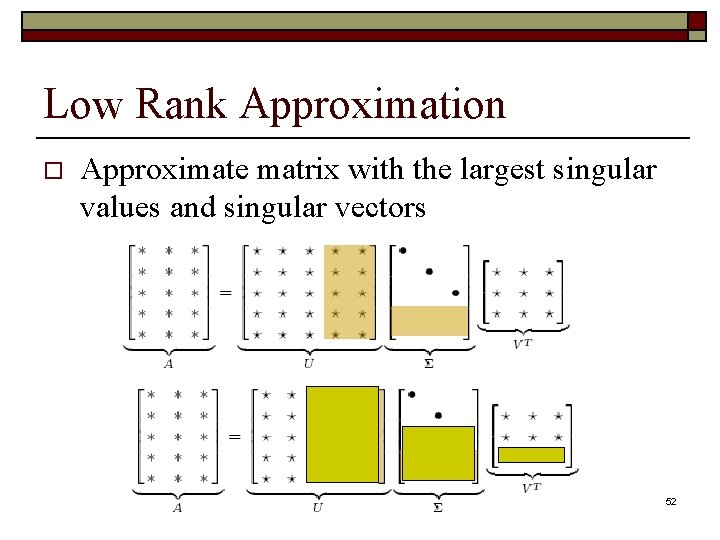 Low Rank Approximation o Approximate matrix with the largest singular values and singular vectors