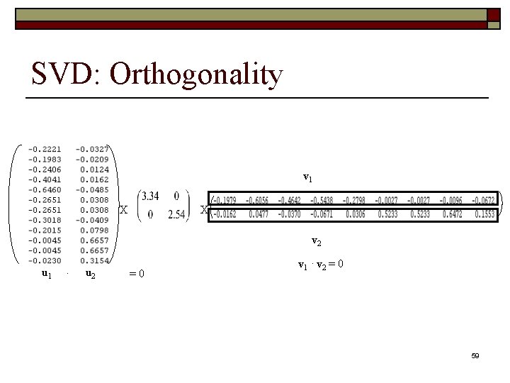SVD: Orthogonality v 1 X X v 2 u 1 · u 2 =0