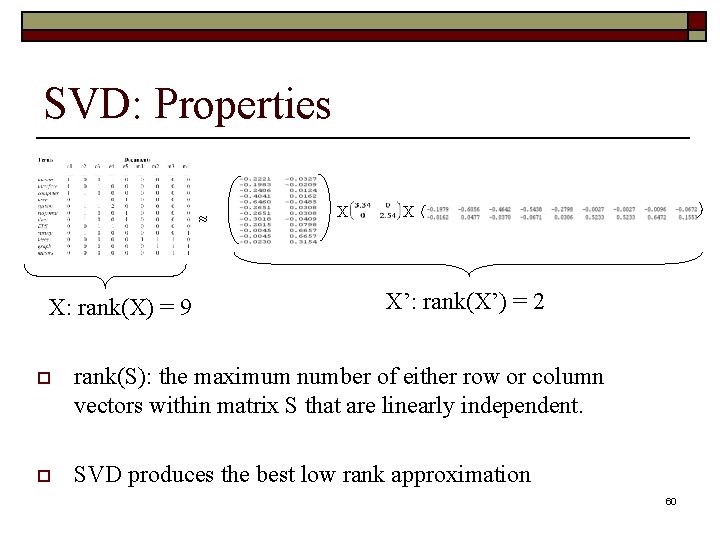 SVD: Properties X: rank(X) = 9 X X X’: rank(X’) = 2 o rank(S):