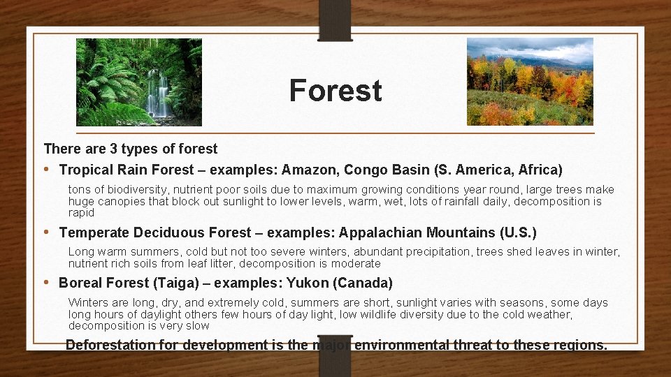 Forest There are 3 types of forest • Tropical Rain Forest – examples: Amazon,