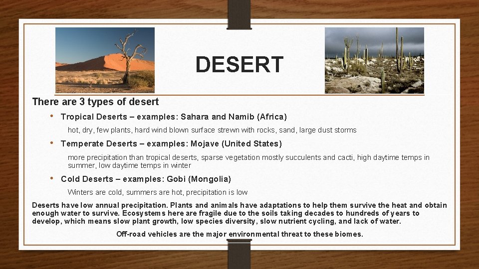 DESERT There are 3 types of desert • Tropical Deserts – examples: Sahara and