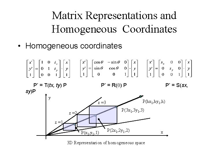 Matrix Representations and Homogeneous Coordinates • Homogeneous coordinates P’ = T(tx, ty) P sy)P