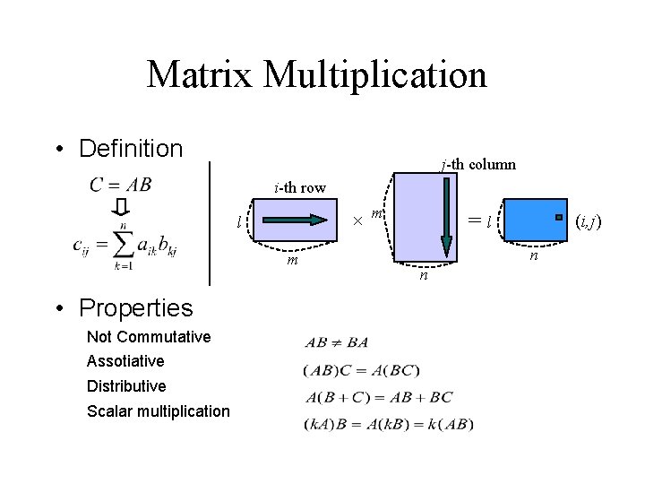 Matrix Multiplication • Definition j-th column i-th row × l m • Properties Not