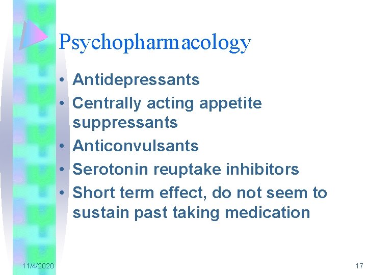 Psychopharmacology • Antidepressants • Centrally acting appetite suppressants • Anticonvulsants • Serotonin reuptake inhibitors