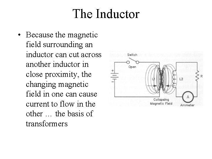 The Inductor • Because the magnetic field surrounding an inductor can cut across another
